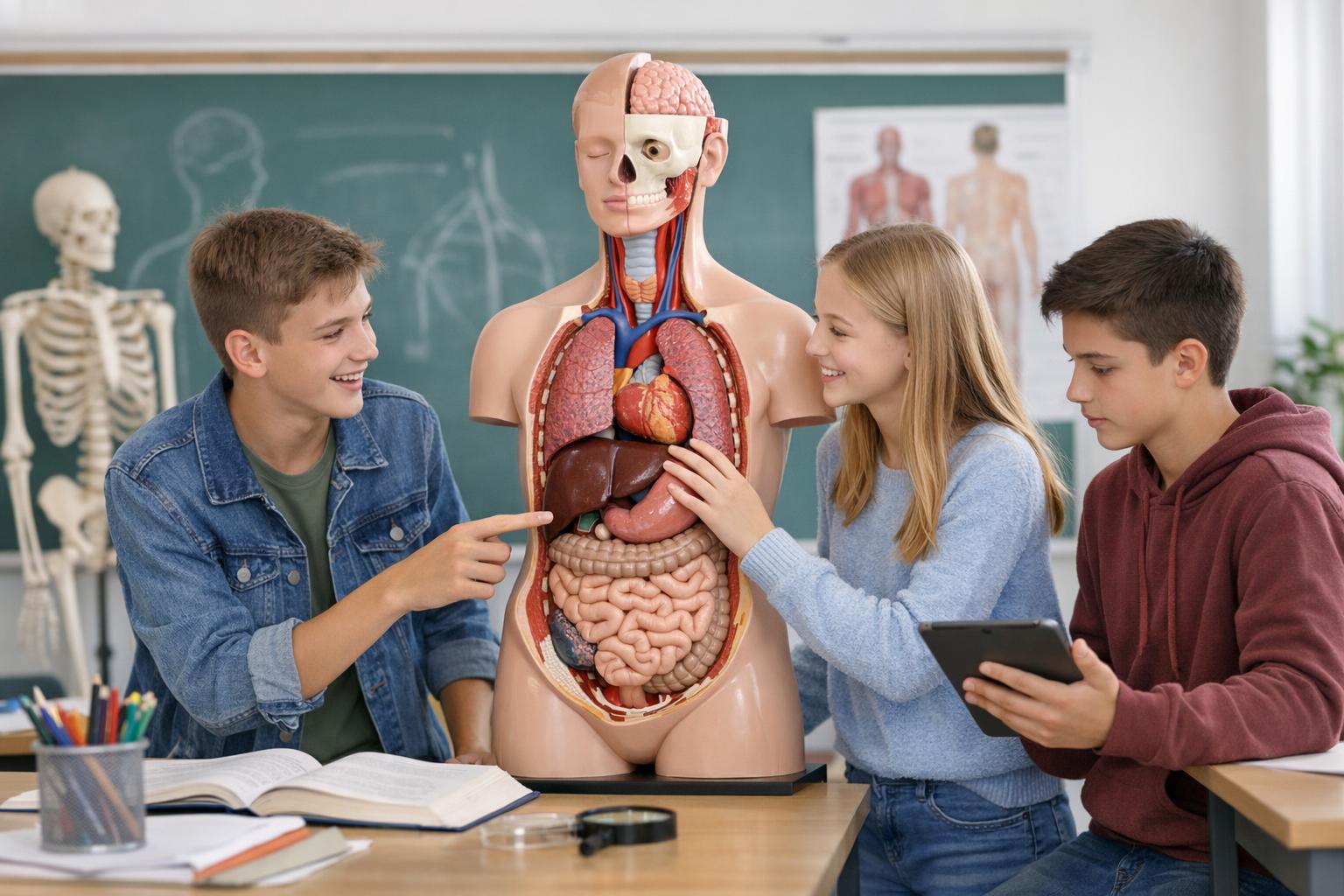 Zdjęcie uczniów pracujących z modelem anatomicznym człowieka w klasie